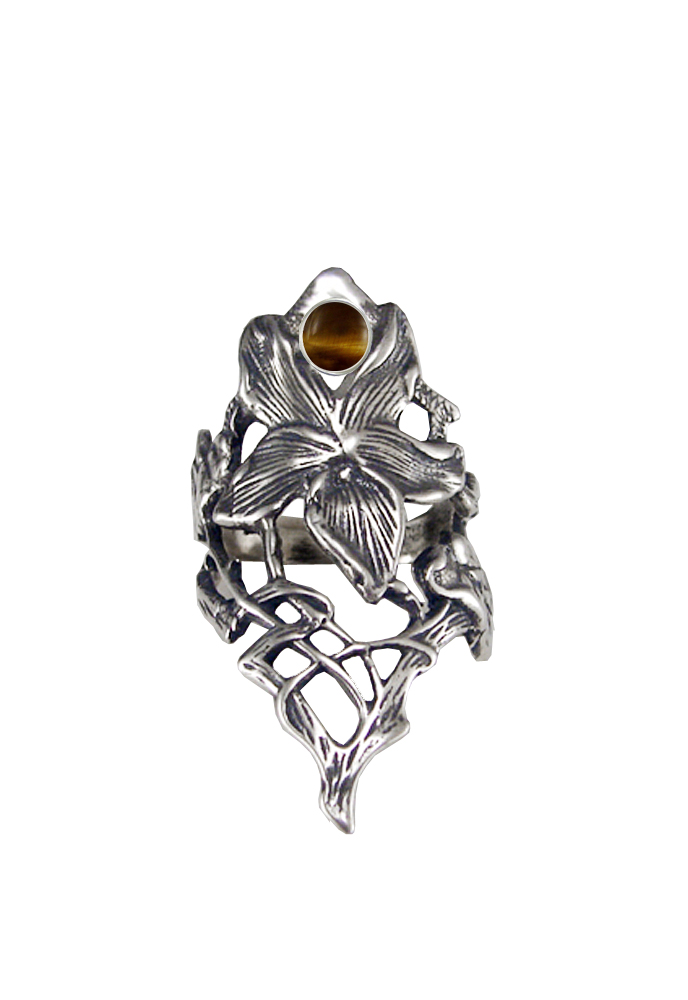 Sterling Silver Woman Maiden's Flower Ring With Tiger Eye Size 9
